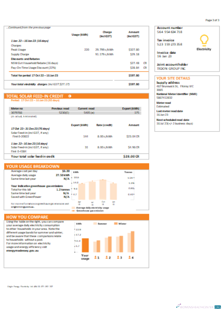 Download New South Wales (NSW) Origin electricity utility business bill, SCR, page 3 Photoshop template